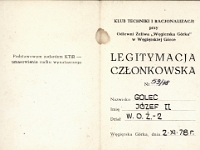 Legitymacja członkowska poświadczająca przynależność do Klubu Techniki i racjonalizacji przy Odlewni Żeliwa w Węgierskiej Górce. Wystawiona na nazwisko Józef Golec.