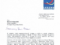 List Gratulacyjny od Prezydenta Miasta Leszna- Tomasza Malepszego.