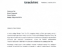 List Gratulacyjny od Zarządu firmy TRACK TEC S. A.