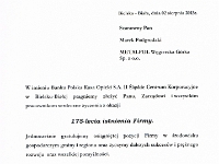 List Gratulacyjny od bielskiego oddziału Banku Pekao.