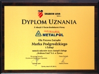 Dyplom Uznania od firmy Śrubena Unia S.A. w Żywcu
