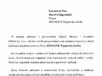 List Gratulacyjny od Prezesa Zarządu oświęcimskiej Fabryki Maszyn i Urządzeń "OMAG" Sp. z o.o. Tadeusza Dziędziela.